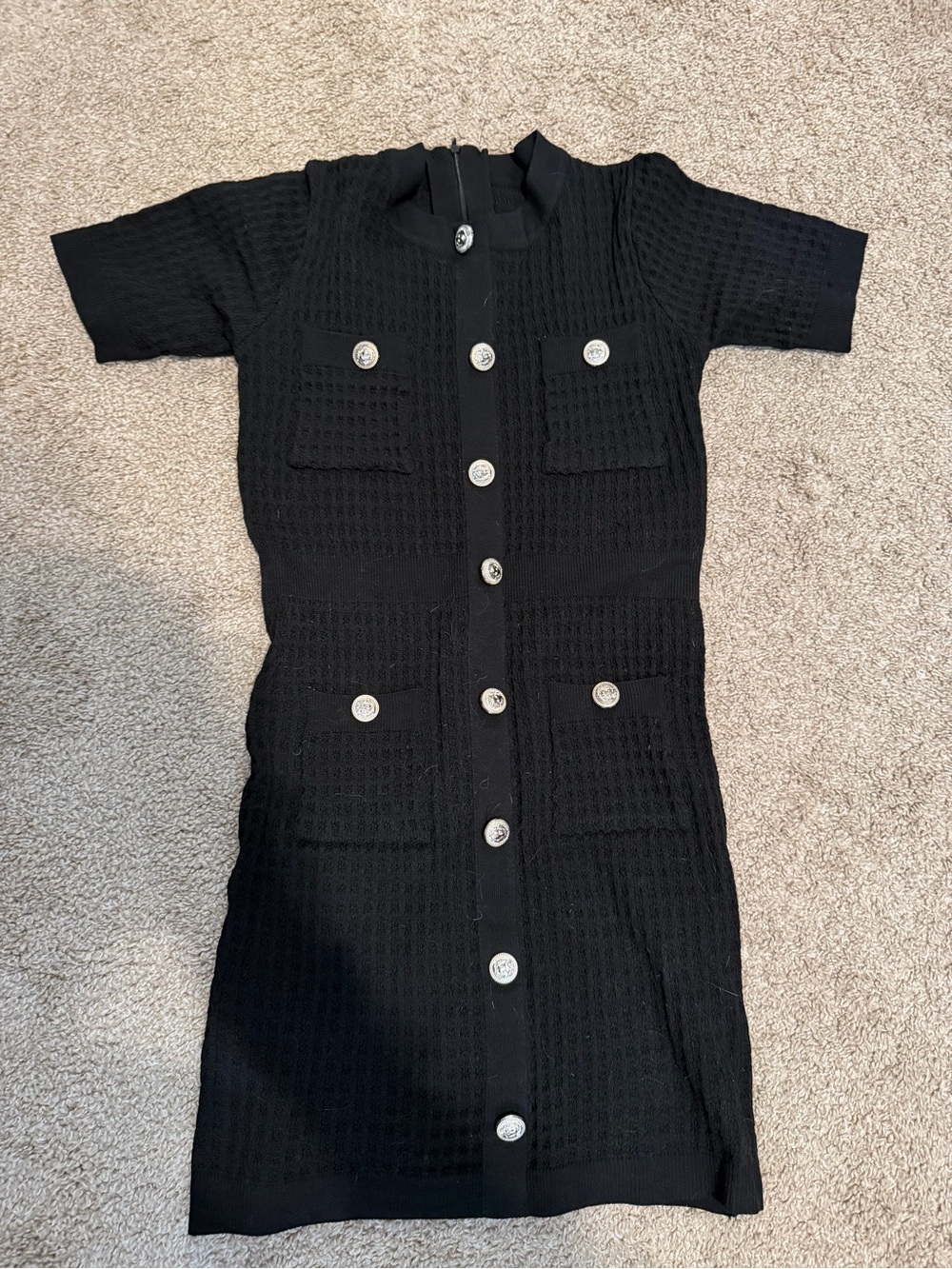 Black Knit Button-Front Pocket Dress